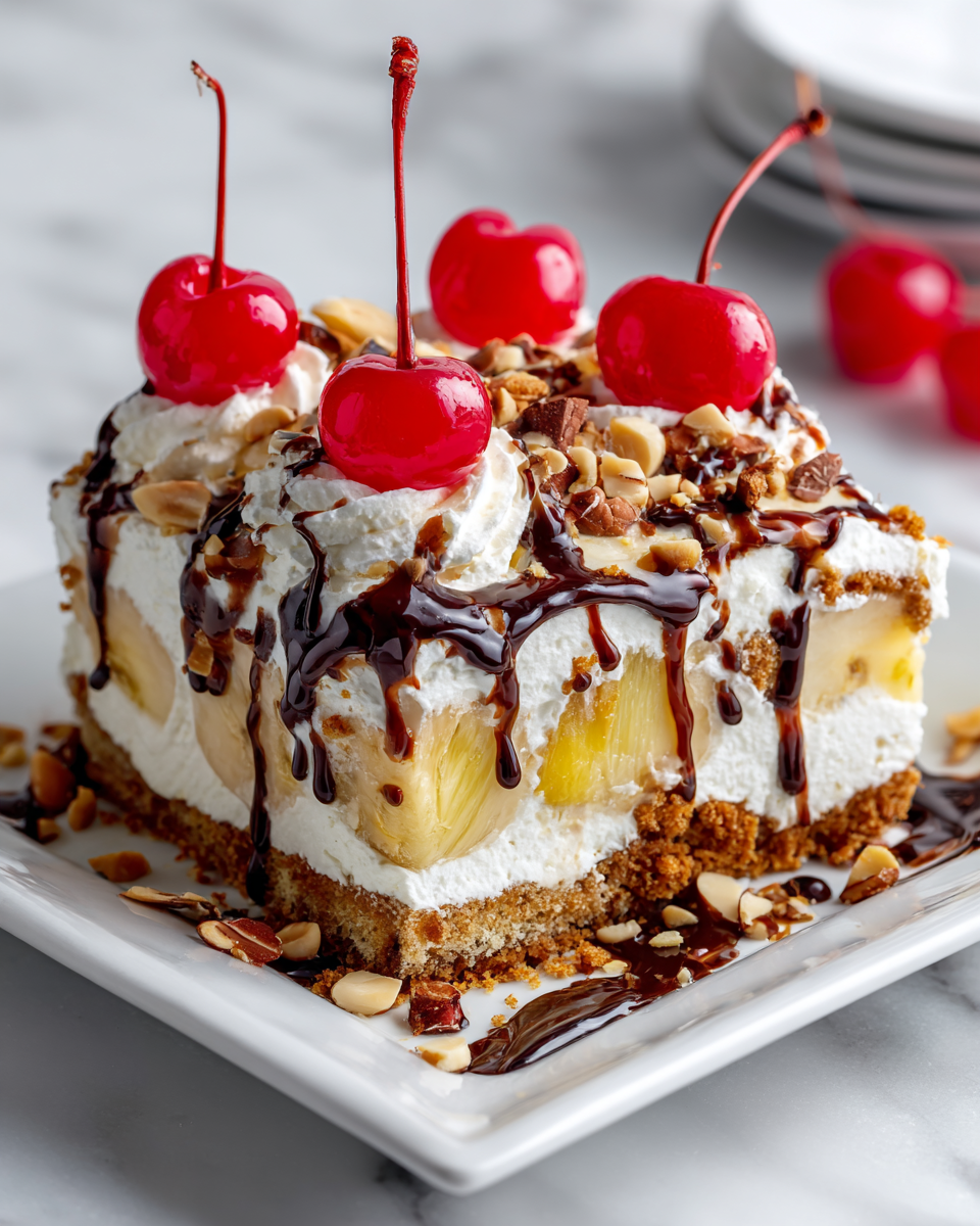 No-Bake Banana Split Dessert with creamy layers and toppings, perfect holiday treat
