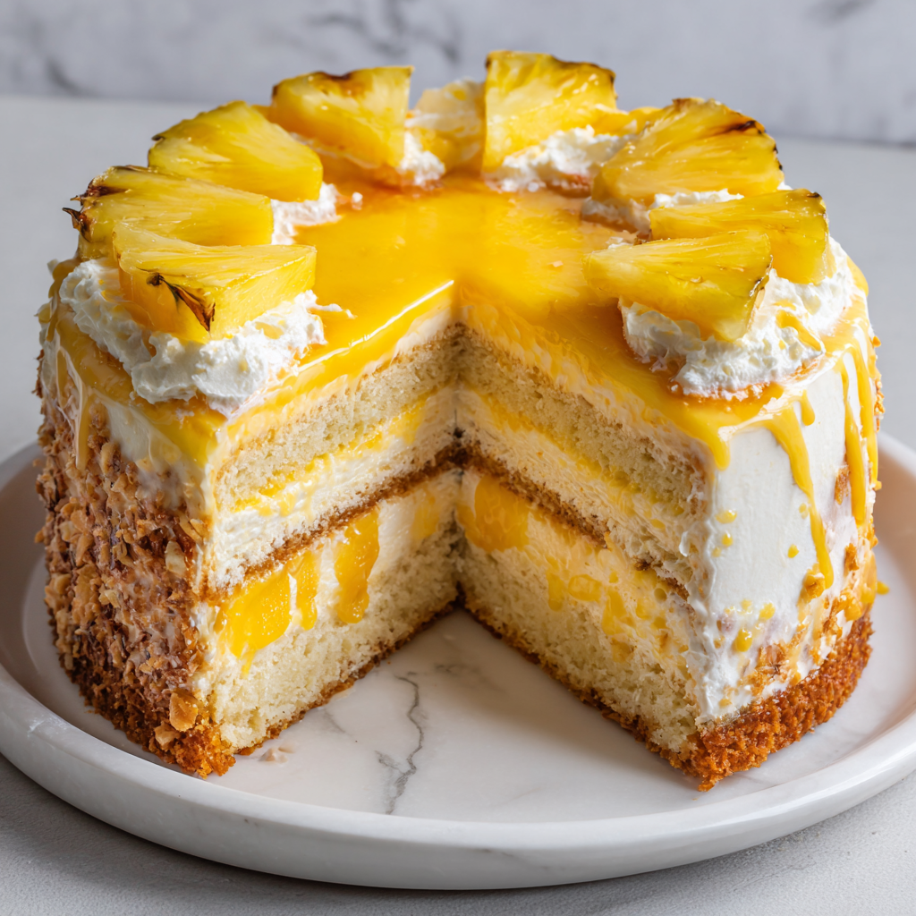 Delicious Pineapple Cheesecake Cake Recipe A stunning Pineapple Cheesecake Cake with fluffy layers, creamy cheesecake filling, and a luscious pineapple glaze, perfect for festive occasions.