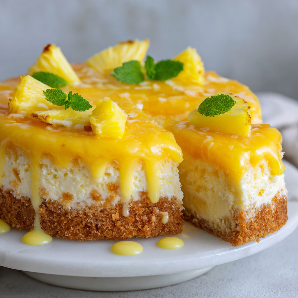 Delicious Pineapple Cheesecake Cake Recipe A stunning Pineapple Cheesecake Cake with fluffy layers, creamy cheesecake filling, and a luscious pineapple glaze, perfect for festive occasions.