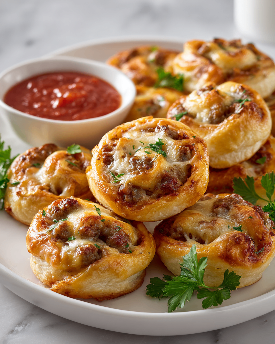 Sausage Pinwheels made with spicy Italian sausage and cheddar cheese, baked until golden brown, perfect for holiday gatherings and parties.