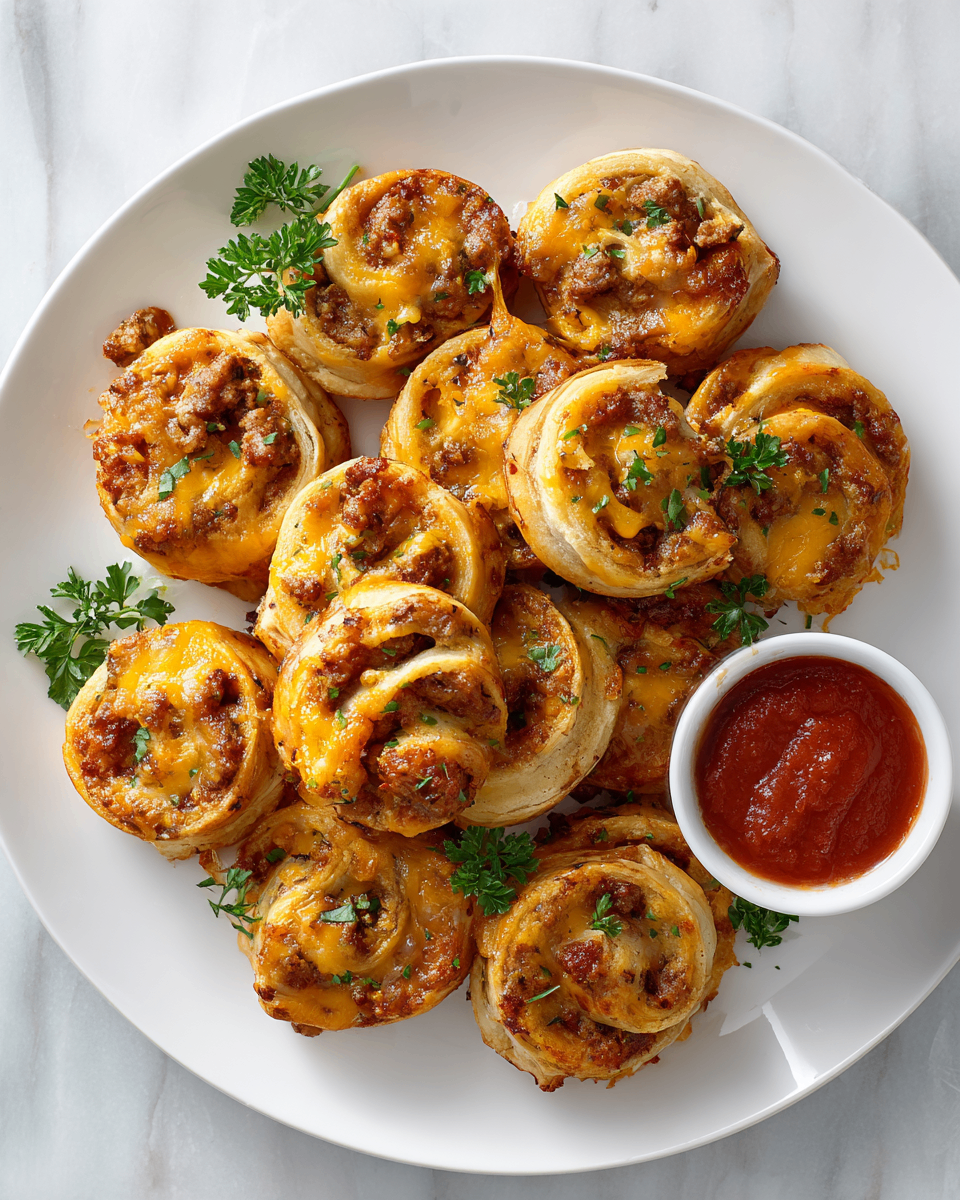 Sausage Pinwheels made with spicy Italian sausage and cheddar cheese, baked until golden brown, perfect for holiday gatherings and parties.