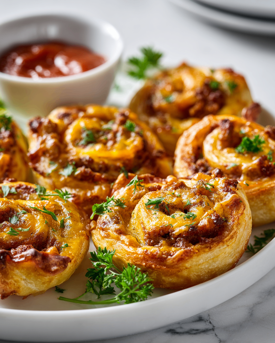 Sausage Pinwheels made with spicy Italian sausage and cheddar cheese, baked until golden brown, perfect for holiday gatherings and parties.