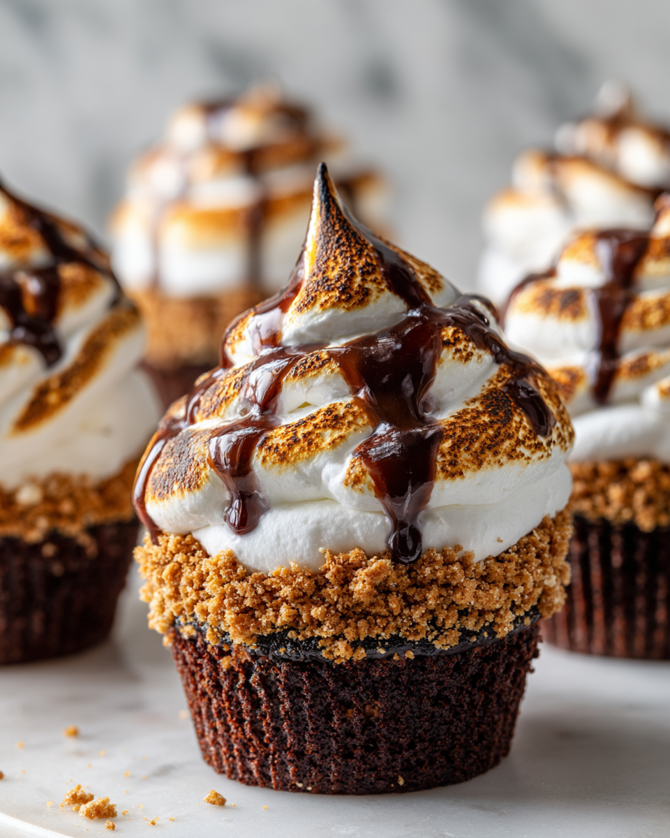 S'mores cupcakes with chocolate, graham cracker, and marshmallow frosting, perfect festive dessert for gatherings