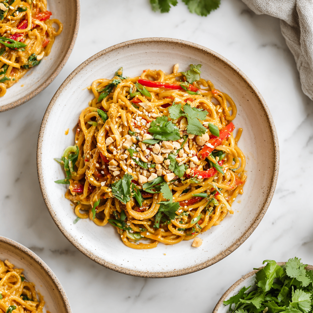 Delicious Thai Peanut Sesame Noodles A bowl of Thai Peanut Sesame Noodles topped with crushed peanuts and green onions, showcasing a delicious, flavorful dish for fall gatherings.
