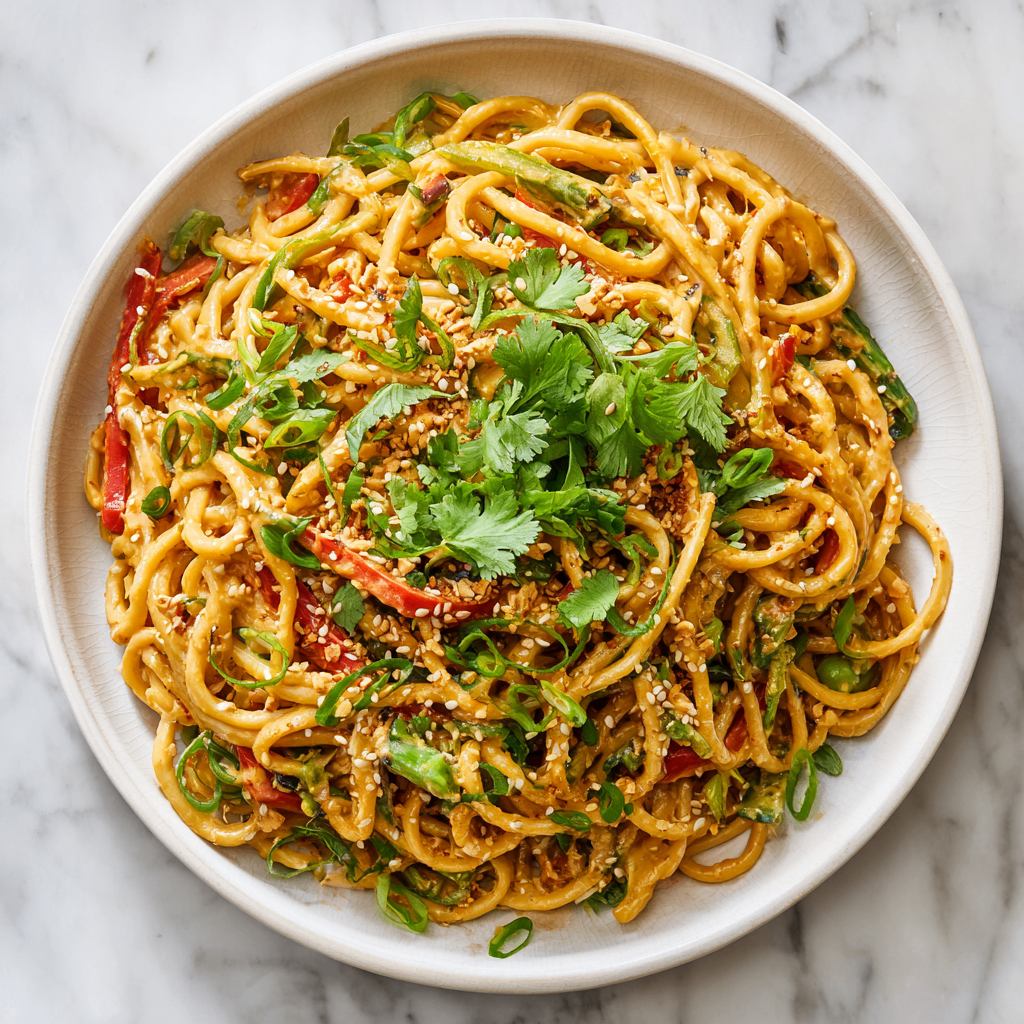 Delicious Thai Peanut Sesame Noodles A bowl of Thai Peanut Sesame Noodles topped with crushed peanuts and green onions, showcasing a delicious, flavorful dish for fall gatherings.