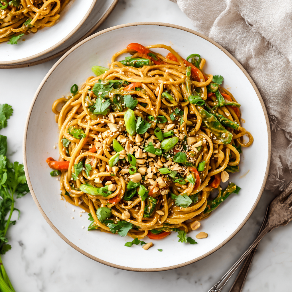 Delicious Thai Peanut Sesame Noodles A bowl of Thai Peanut Sesame Noodles topped with crushed peanuts and green onions, showcasing a delicious, flavorful dish for fall gatherings.