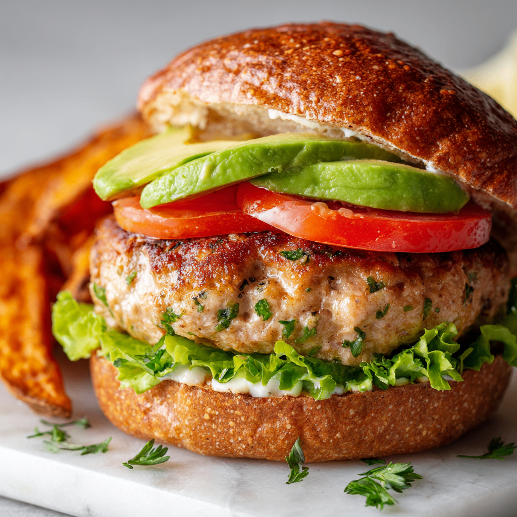 Juicy grilled turkey burger topped with fresh vegetables, healthy and delicious for holiday gatherings.