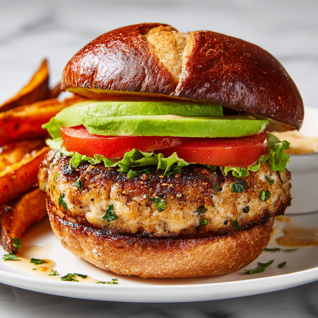 Juicy grilled turkey burger topped with fresh vegetables, healthy and delicious for holiday gatherings.