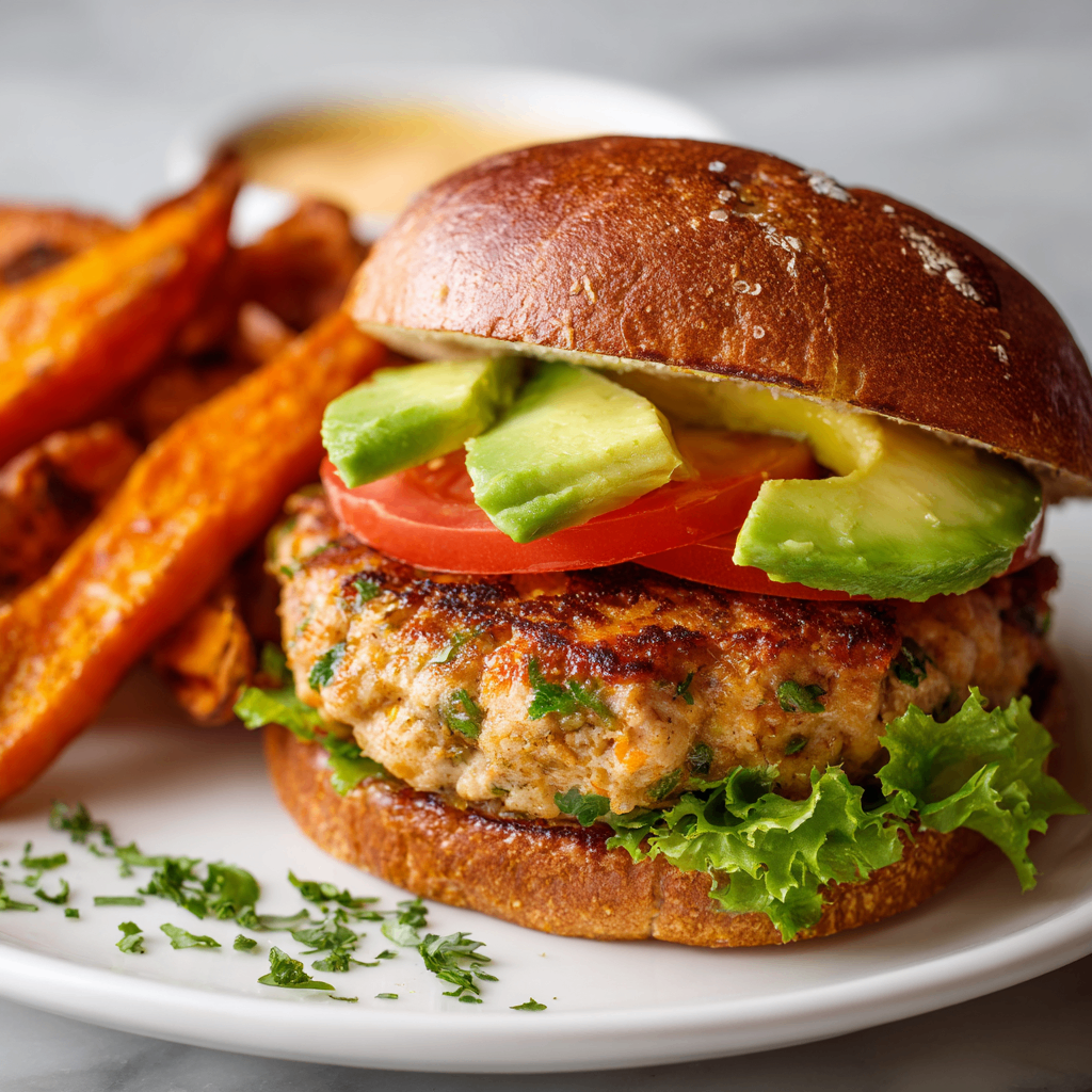 Juicy grilled turkey burger topped with fresh vegetables, healthy and delicious for holiday gatherings.