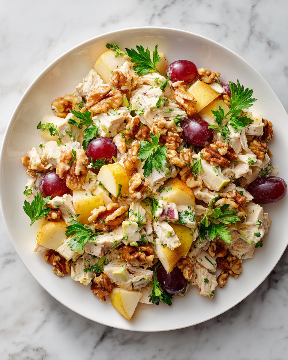 Waldorf Chicken Salad featuring shredded chicken, apples, grapes, walnuts, and creamy dressing, a perfect dish for holiday gatherings.
