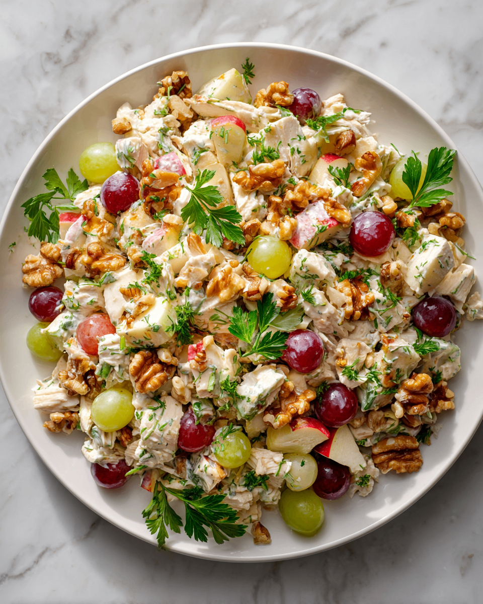 Waldorf Chicken Salad featuring shredded chicken, apples, grapes, walnuts, and creamy dressing, a perfect dish for holiday gatherings.