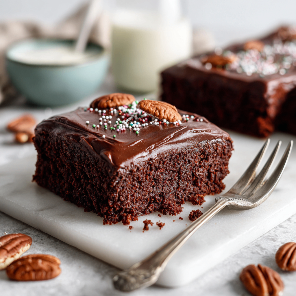 Delightful Skinny Texas Sheet Cake Recipe Skinny Texas Sheet Cake in a baking dish, a lightened chocolate delight, perfect for holiday gatherings and celebrations.