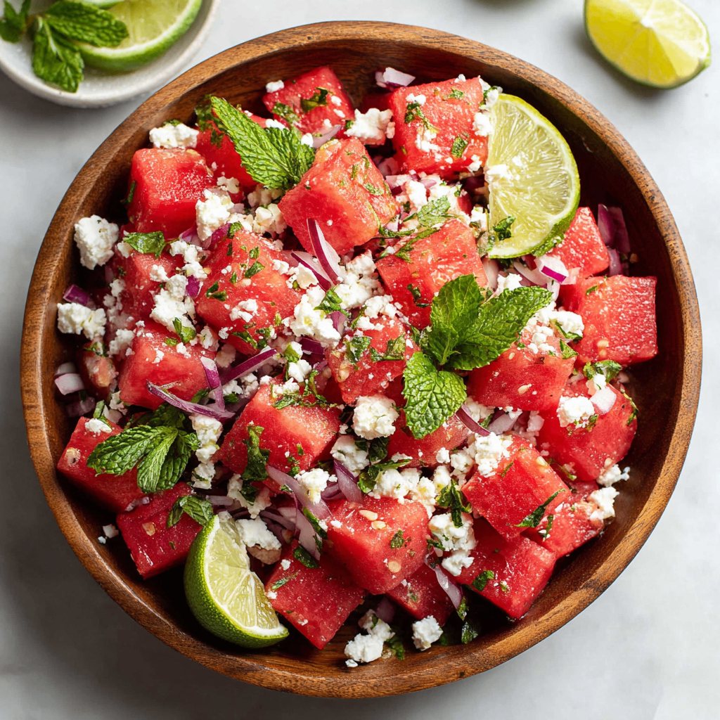 Delightful Watermelon Salad Recipe for Every Gathering A refreshing watermelon salad with feta and mint, perfect for summer gatherings and holiday feasts, quick and easy to make.