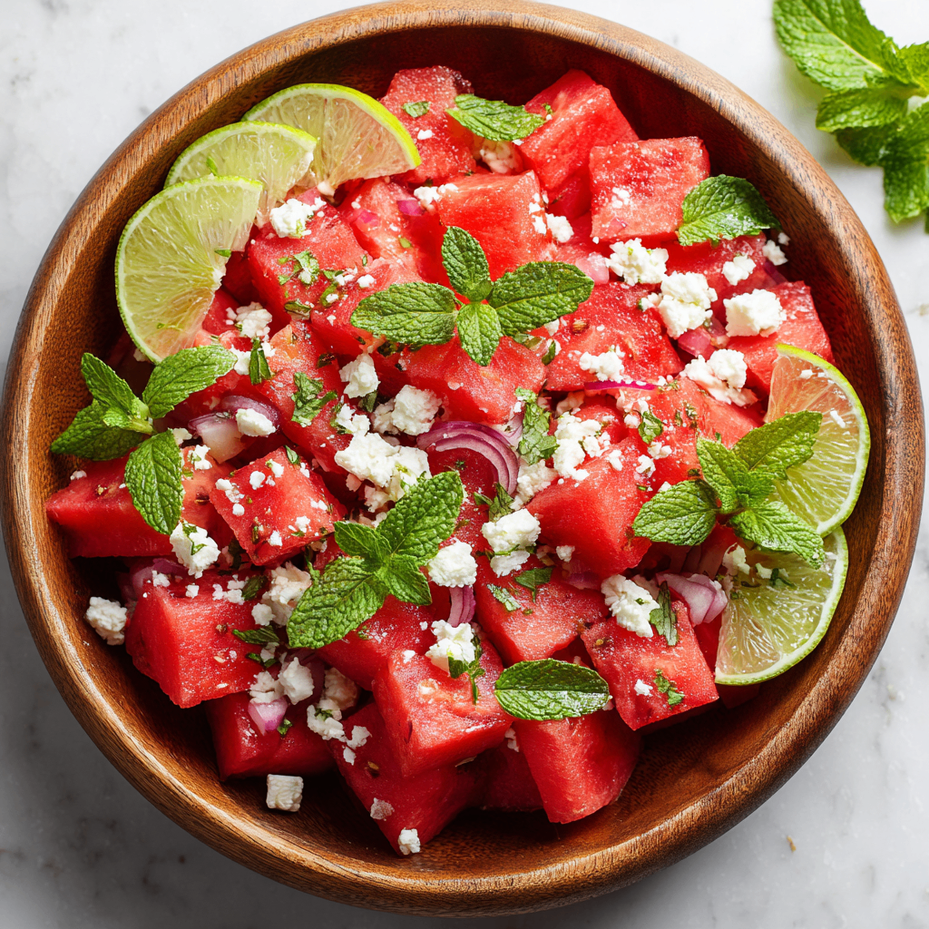 Delightful Watermelon Salad Recipe for Every Gathering A refreshing watermelon salad with feta and mint, perfect for summer gatherings and holiday feasts, quick and easy to make.