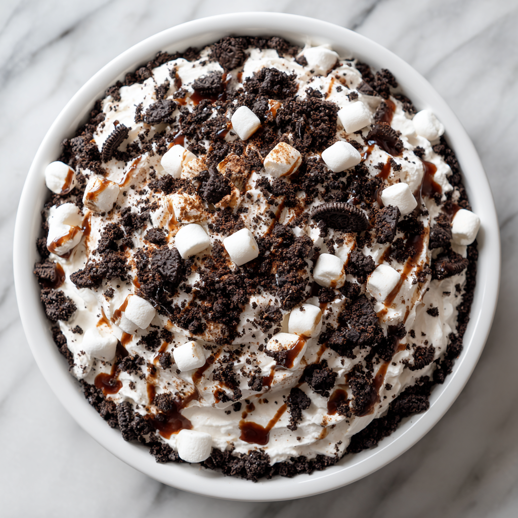 Easy No-Bake Oreo Fluff for Gatherings Delicious no-bake Oreo Fluff recipe with cream cheese, whipped topping, and marshmallows, perfect for holiday gatherings.