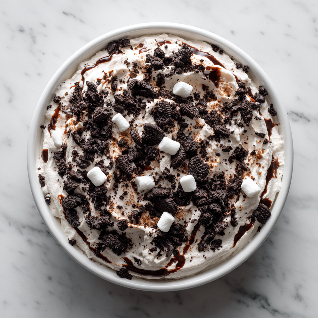 Easy No-Bake Oreo Fluff for Gatherings Delicious no-bake Oreo Fluff recipe with cream cheese, whipped topping, and marshmallows, perfect for holiday gatherings.