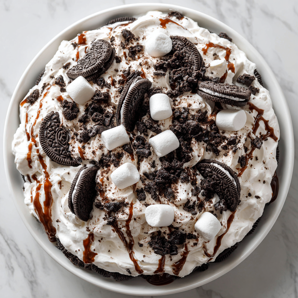 Easy No-Bake Oreo Fluff for Gatherings Delicious no-bake Oreo Fluff recipe with cream cheese, whipped topping, and marshmallows, perfect for holiday gatherings.