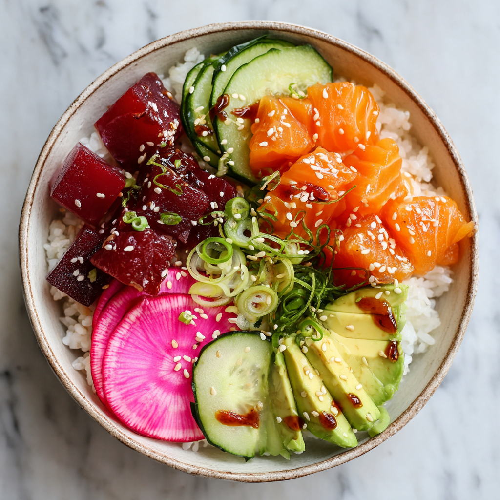 Easy Vibrant Poke Bowl Recipe Vibrant poke bowl with sushi rice, fresh fish, and colorful vegetables.