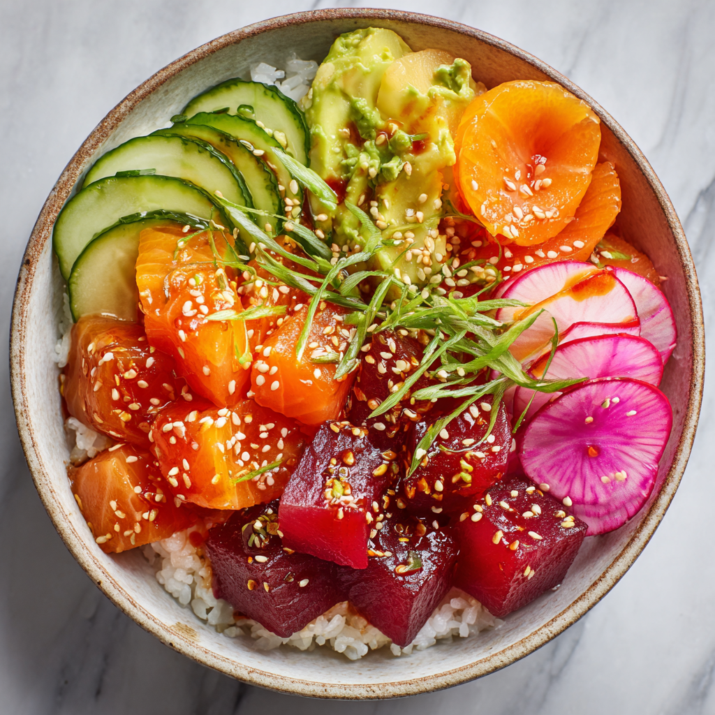 Easy Vibrant Poke Bowl Recipe Vibrant poke bowl with sushi rice, fresh fish, and colorful vegetables.