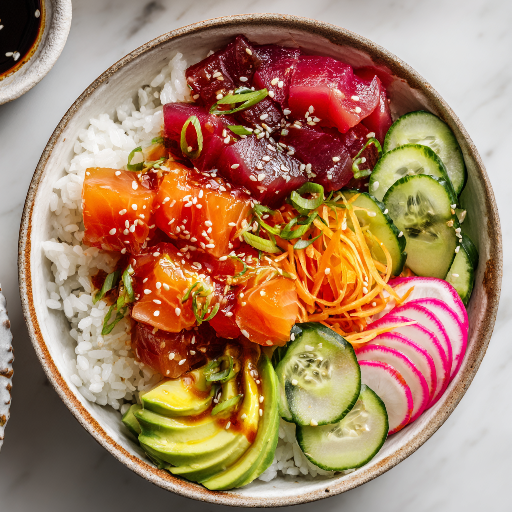 Easy Vibrant Poke Bowl Recipe Vibrant poke bowl with sushi rice, fresh fish, and colorful vegetables.