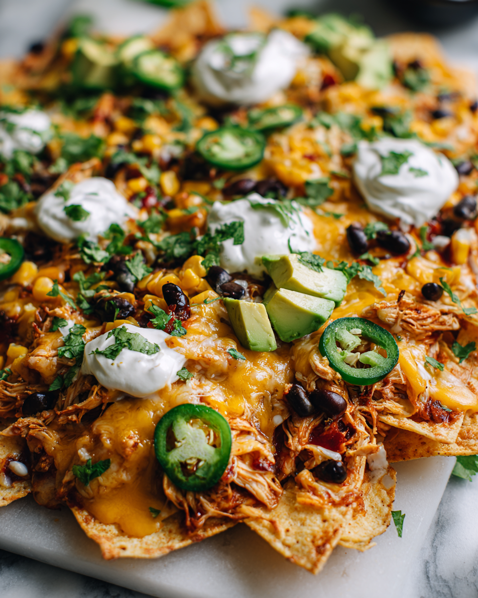 Slow Cooker Chicken Nachos topped with cheese and jalapeños, perfect for game day snacks or holiday gatherings.