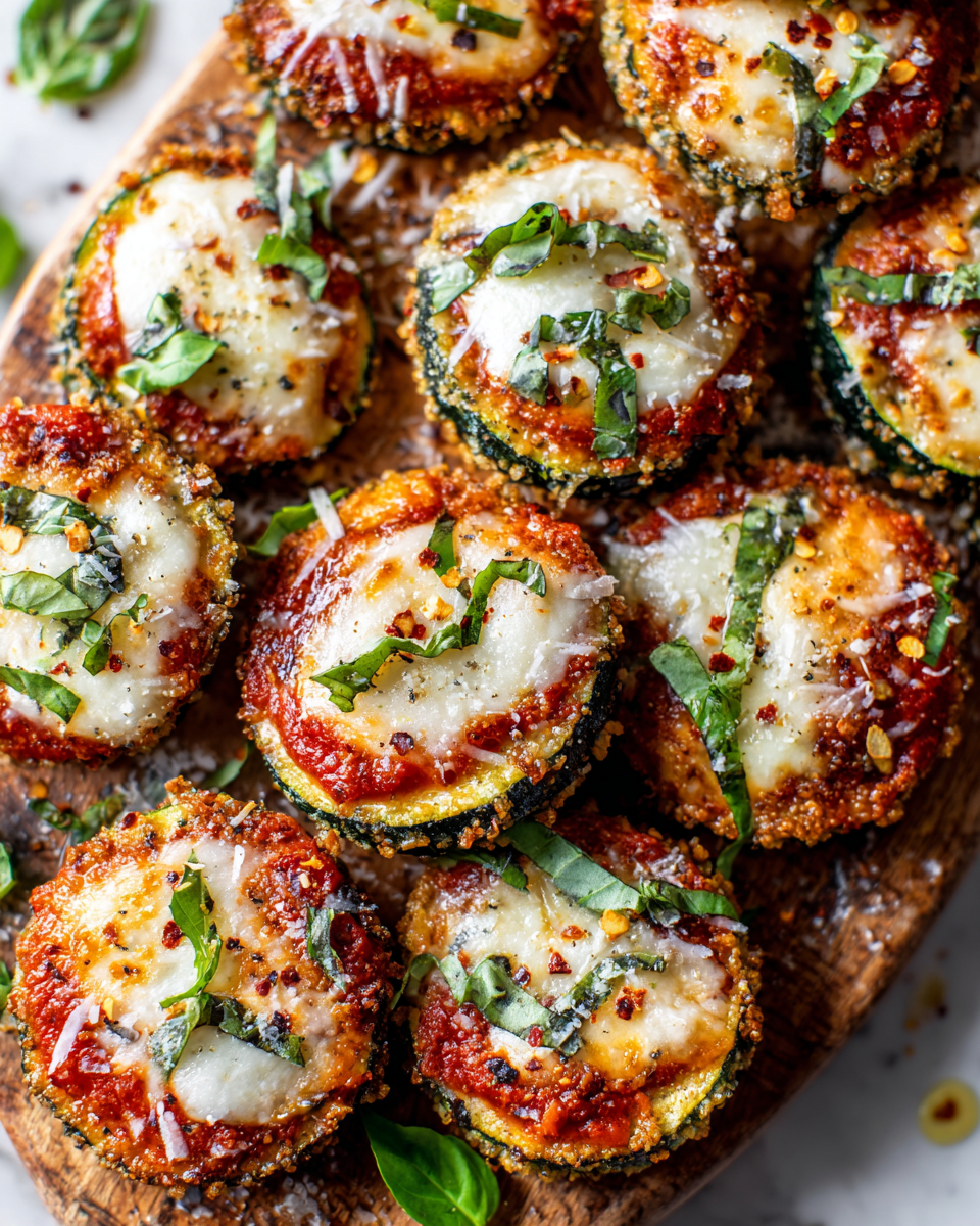 Healthy Zucchini Pizza Bites for Holiday Gatherings Baked zucchini pizza bites topped with marinara and cheese, perfect healthy appetizer for holiday gatherings
