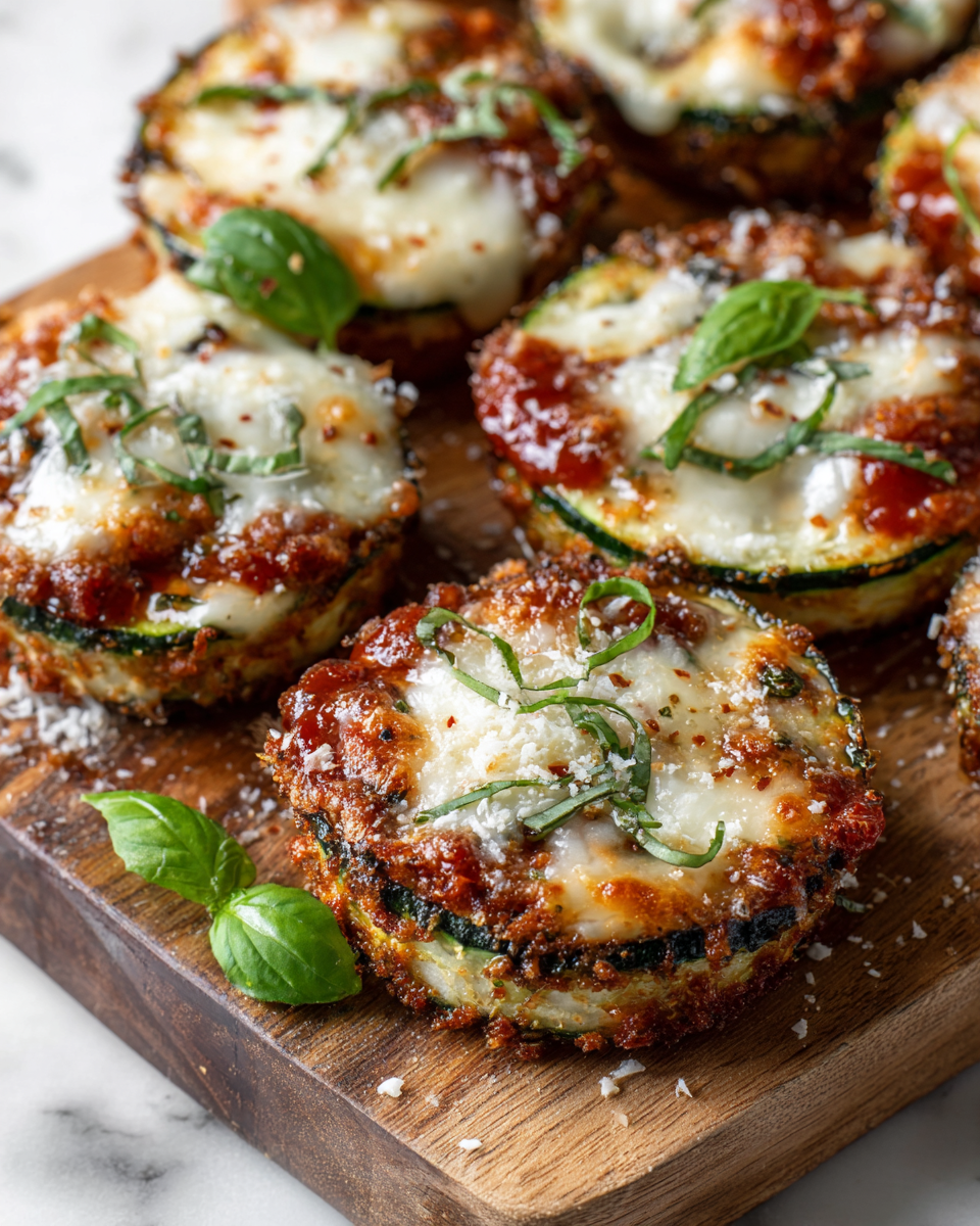 Healthy Zucchini Pizza Bites for Holiday Gatherings Baked zucchini pizza bites topped with marinara and cheese, perfect healthy appetizer for holiday gatherings