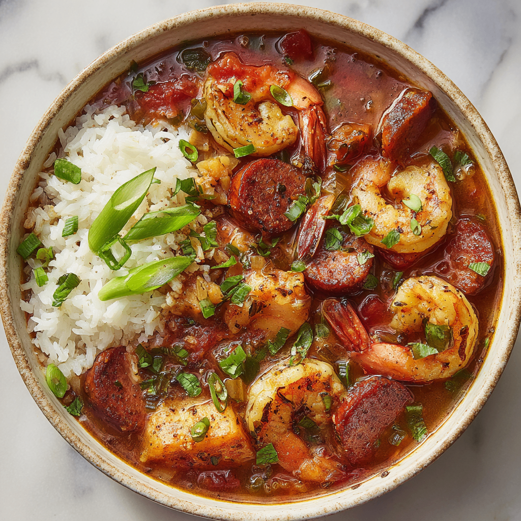 Hearty Gumbo Recipe for Comforting Fall Gatherings Delicious hearty gumbo in a bowl, perfect for fall gatherings, made with andouille sausage and shrimp, served over rice.