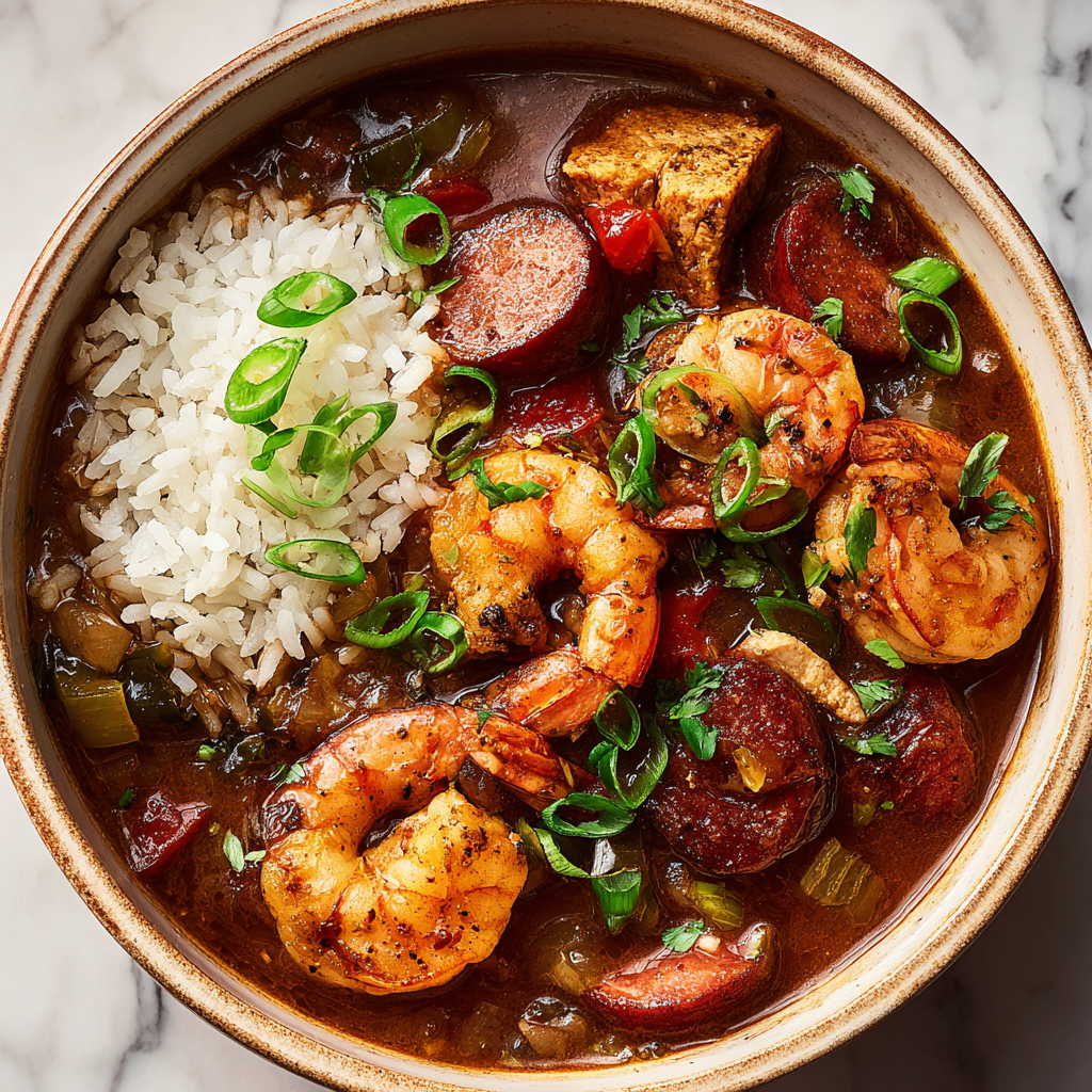 Hearty Gumbo Recipe for Comforting Fall Gatherings Delicious hearty gumbo in a bowl, perfect for fall gatherings, made with andouille sausage and shrimp, served over rice.