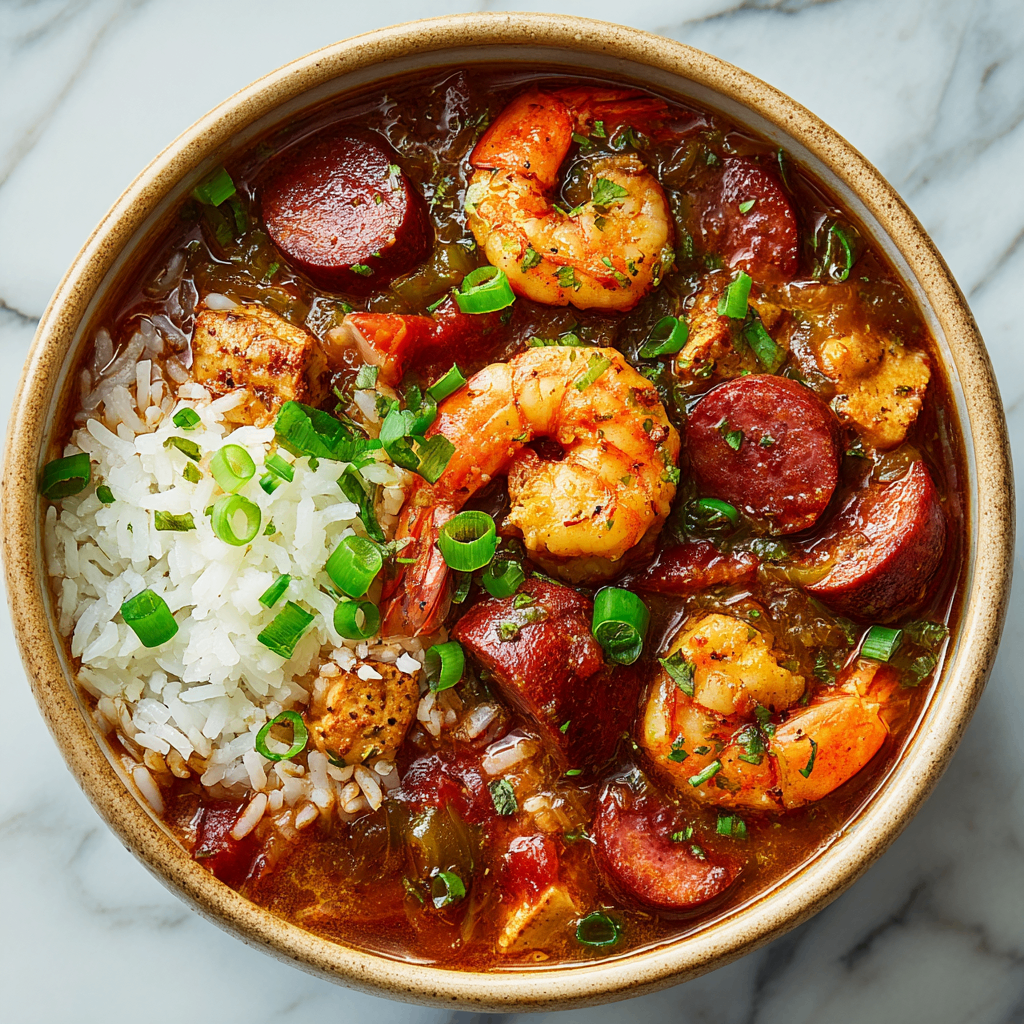 Hearty Gumbo Recipe for Comforting Fall Gatherings Delicious hearty gumbo in a bowl, perfect for fall gatherings, made with andouille sausage and shrimp, served over rice.