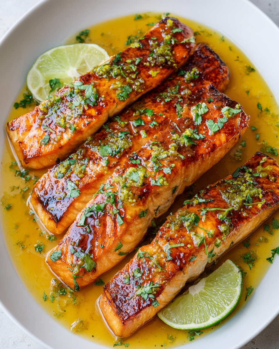 Honey-Glazed Salmon with Browned Butter Lime Sauce Honey-Glazed Salmon fillets seared to perfection with a rich Butter Lime Sauce, perfect for festive occasions and weeknight dinners.