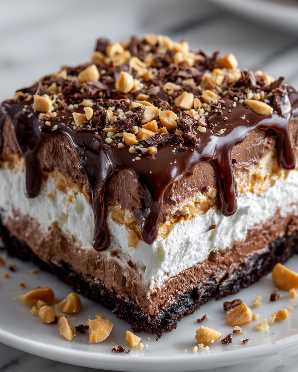 No-Bake Chocolate Peanut Butter Lasagna dessert with cream cheese, chocolate, and peanut butter layers, perfect for holiday gatherings.