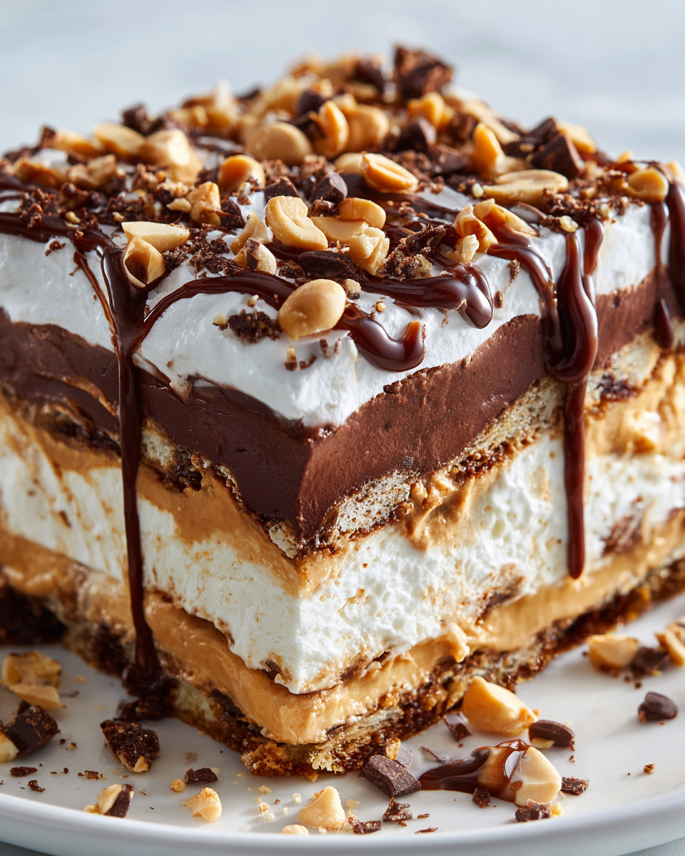 No-Bake Chocolate Peanut Butter Lasagna dessert with cream cheese, chocolate, and peanut butter layers, perfect for holiday gatherings.