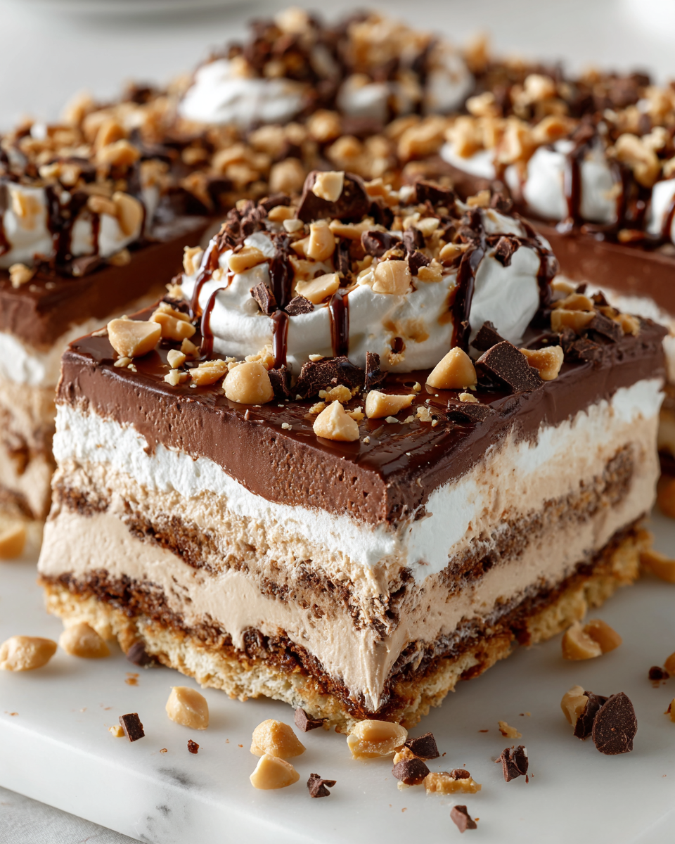 No-Bake Chocolate Peanut Butter Lasagna dessert with cream cheese, chocolate, and peanut butter layers, perfect for holiday gatherings.