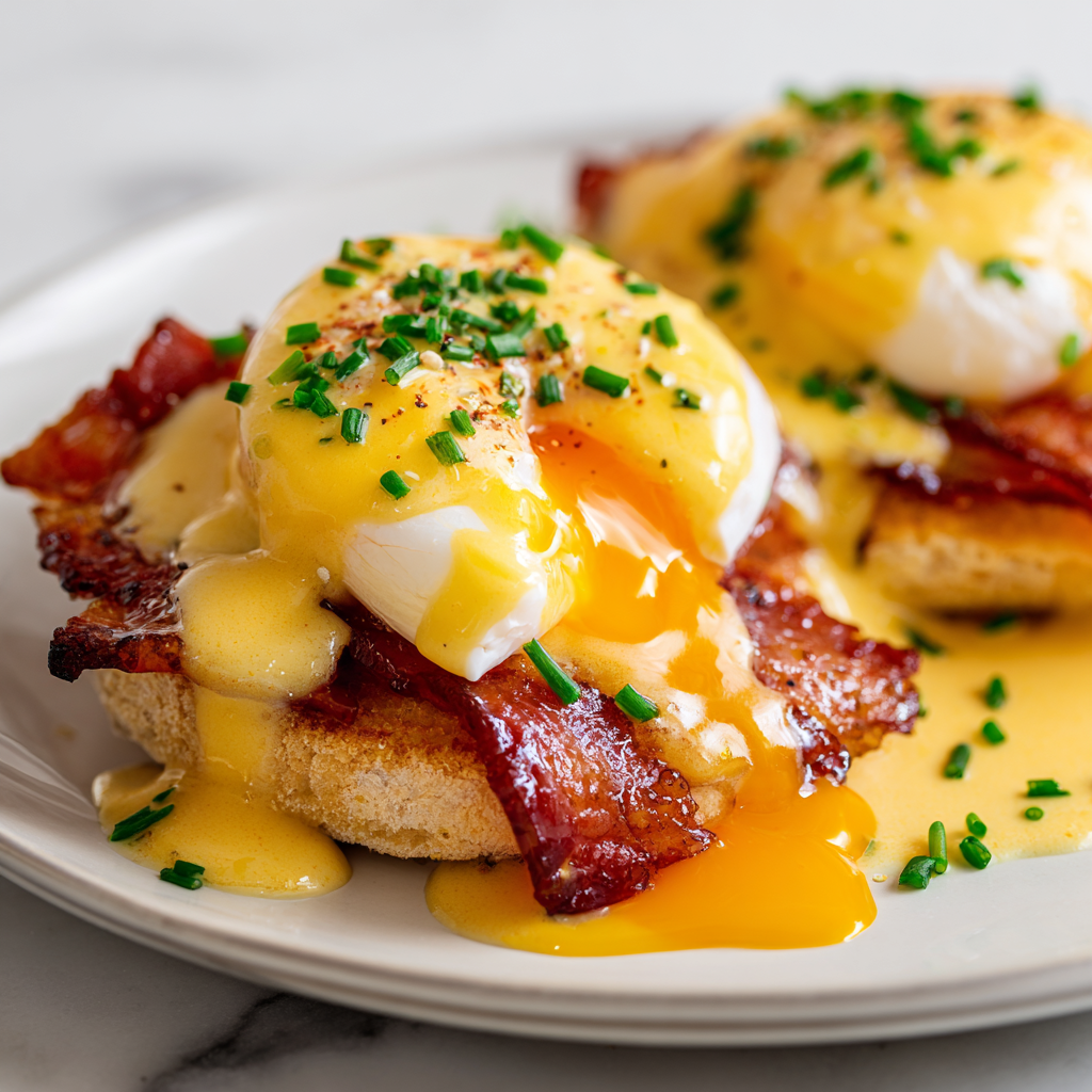 Irresistible Classic Eggs Benedict Recipe Delicious Classic Eggs Benedict with poached eggs, Canadian bacon, and hollandaise sauce, ideal for brunch lovers.