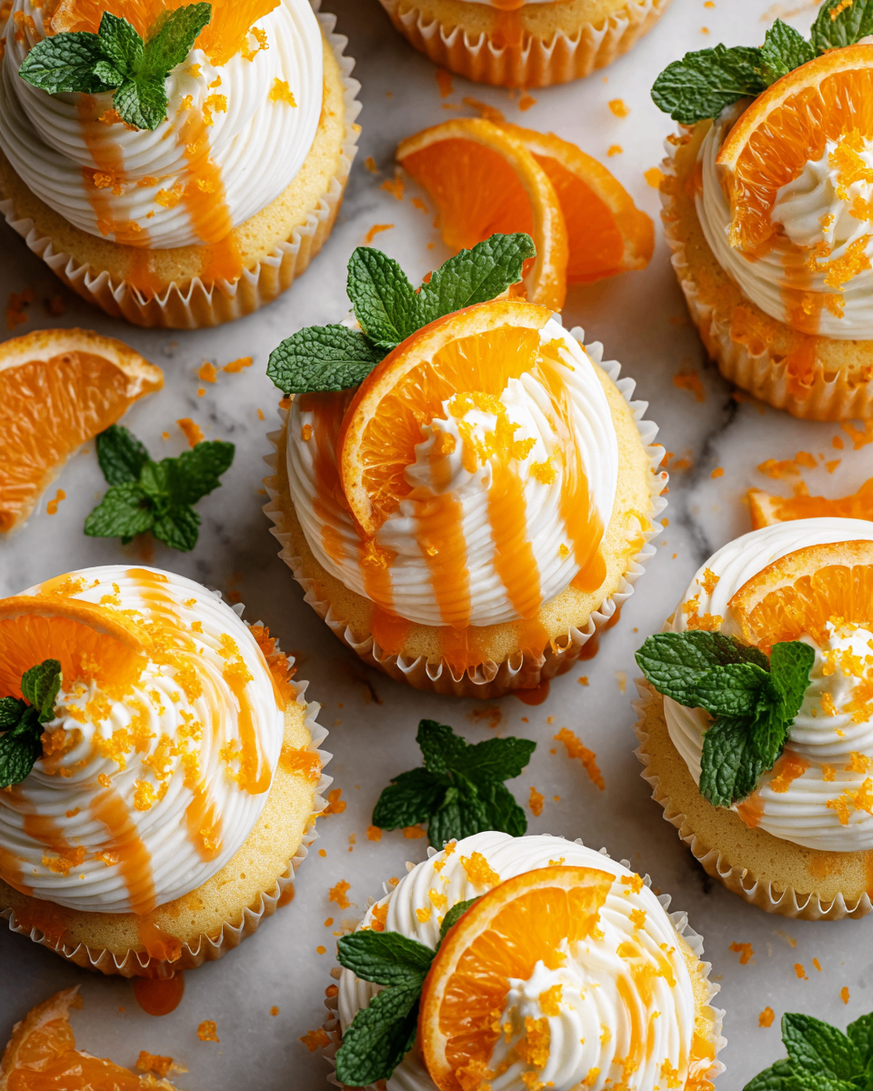 Delicious orange creamsicle cupcakes ready for holiday celebrations, featuring fluffy texture and citrusy flavor.