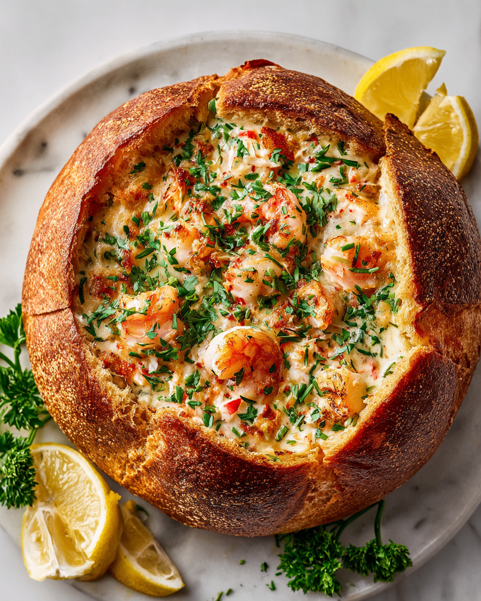 Stuffed Seafood Bread Bowl with creamy seafood filling