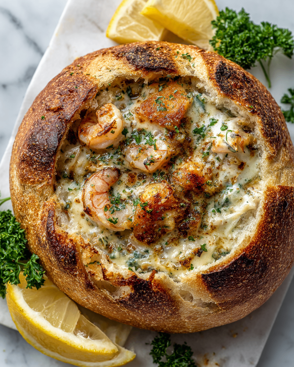Stuffed Seafood Bread Bowl with creamy seafood filling