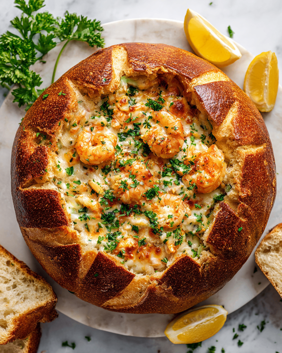 Stuffed Seafood Bread Bowl with creamy seafood filling
