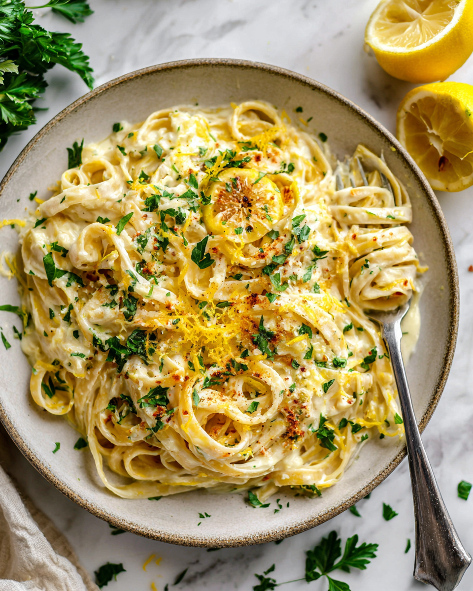 Lemon Garlic Cream Fettuccini for Cozy Gatherings Delicious Lemon Garlic Cream Fettuccini pasta dish, quick, creamy, and perfect for holiday gatherings, made with garlic, lemon, and Parmesan cheese.