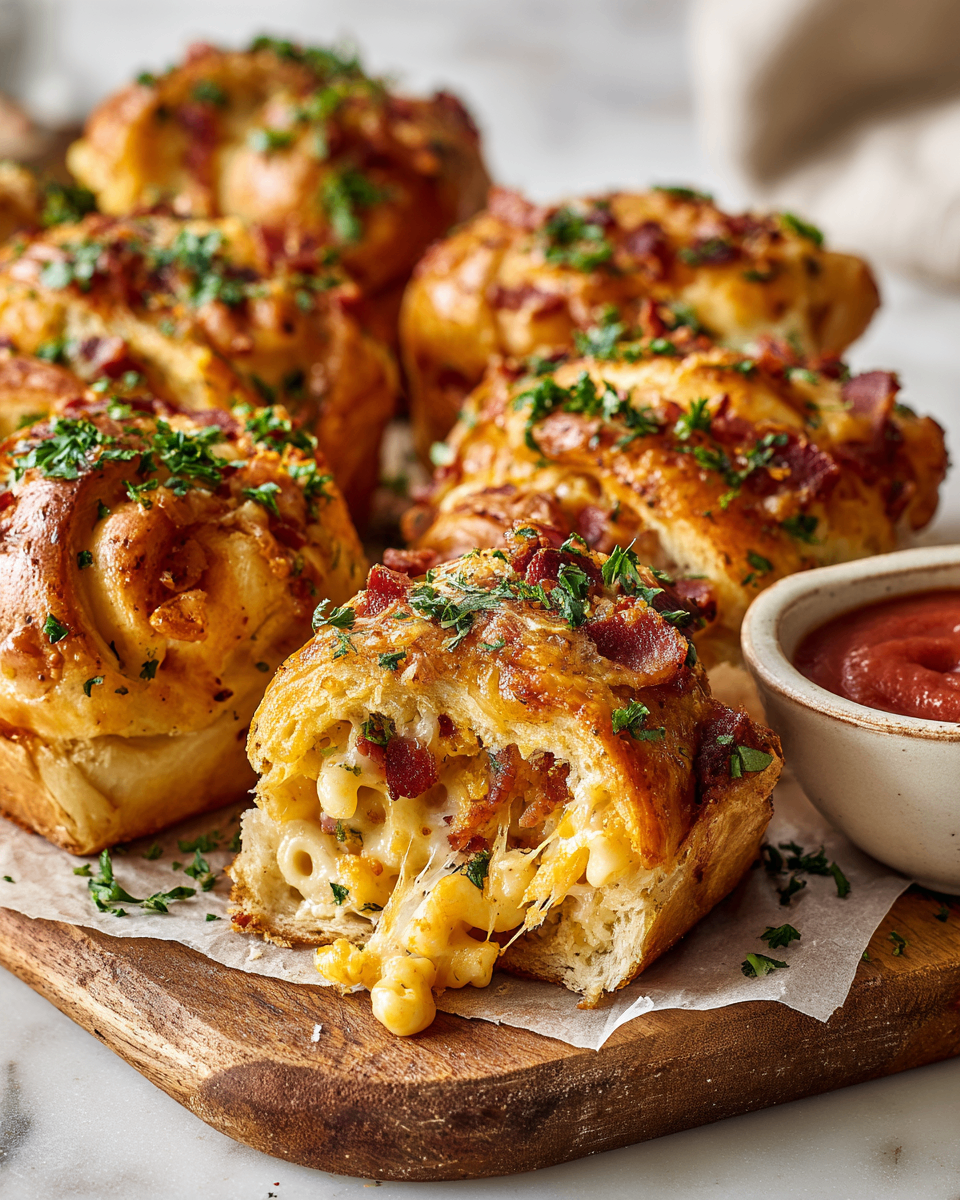 Mac & Cheese Bacon Burger Rolls with flaky dough—perfect comfort food for gatherings, merging creamy mac and cheese with savory flavors.