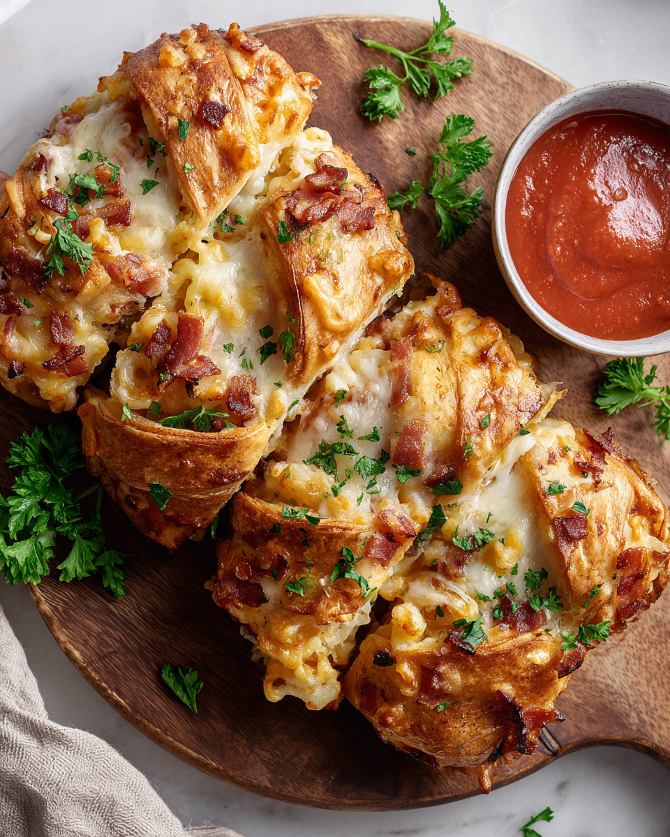 Mac & Cheese Bacon Burger Rolls with flaky dough—perfect comfort food for gatherings, merging creamy mac and cheese with savory flavors.
