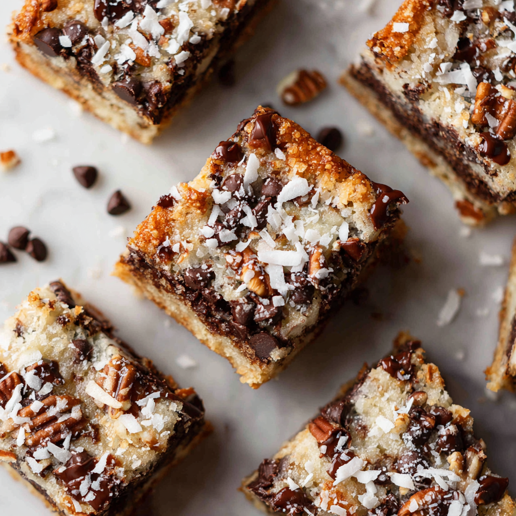 Magic Chocolate Coconut Bars Magic Bars with chocolate, coconut, and nuts layered over graham cracker crust, a festive treat for the holiday season.