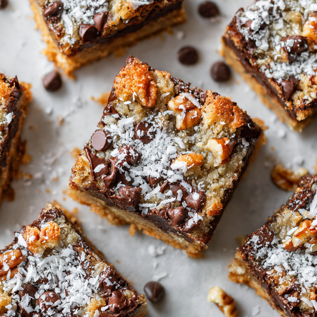 Magic Chocolate Coconut Bars Magic Bars with chocolate, coconut, and nuts layered over graham cracker crust, a festive treat for the holiday season.