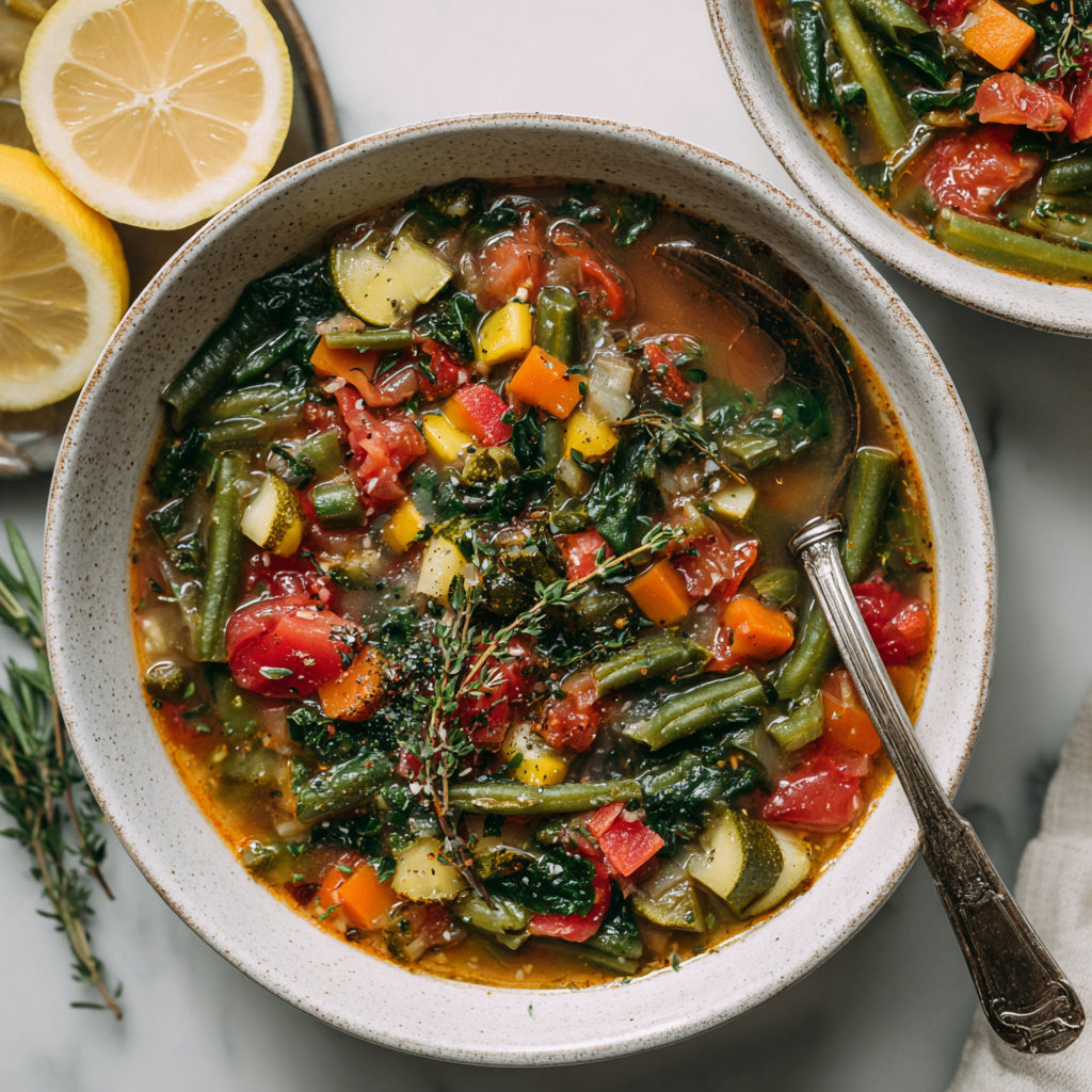 Delicious Vegetable Detox Soup filled with vibrant vegetables, perfect for a healthy meal post-holiday feasting.