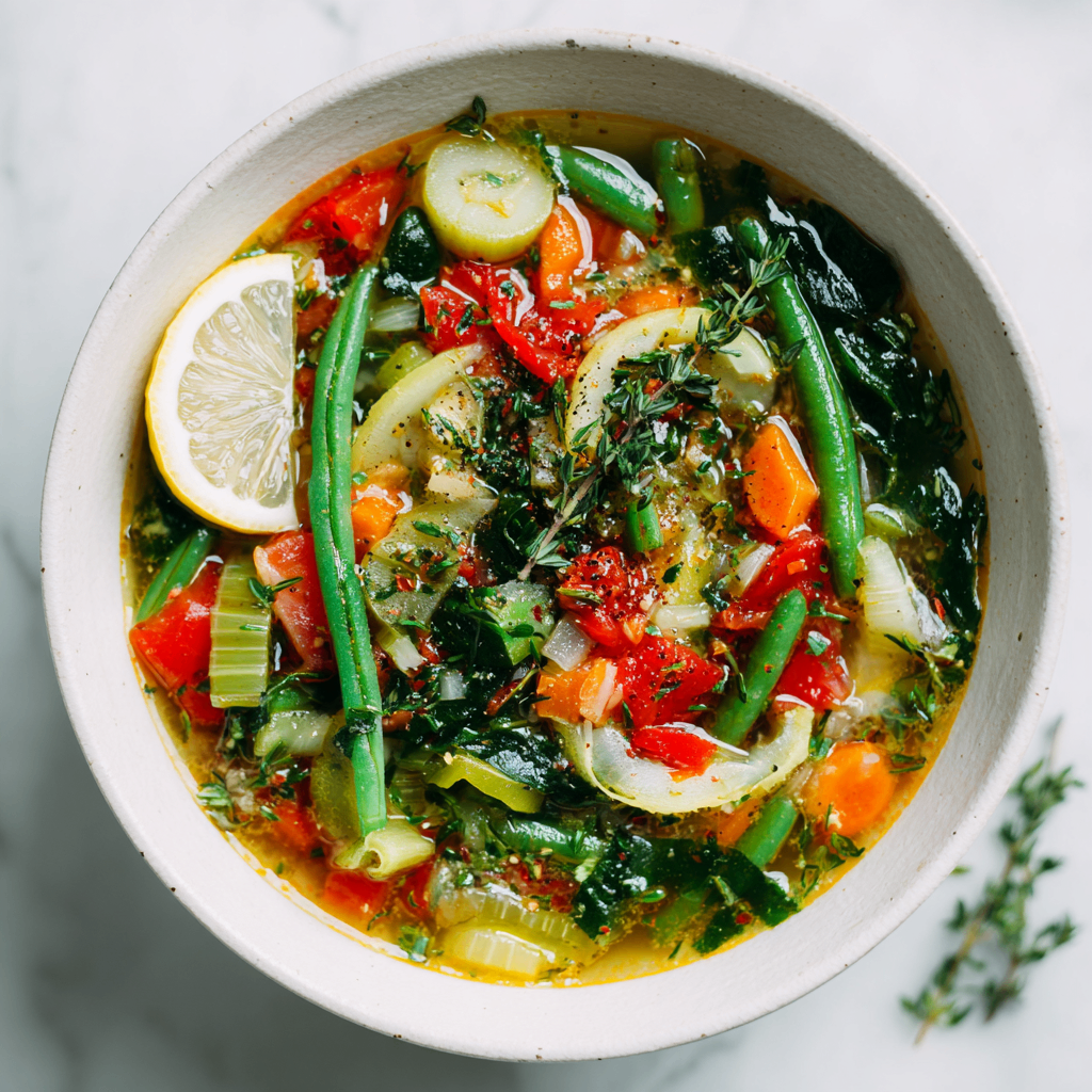 Delicious Vegetable Detox Soup filled with vibrant vegetables, perfect for a healthy meal post-holiday feasting.