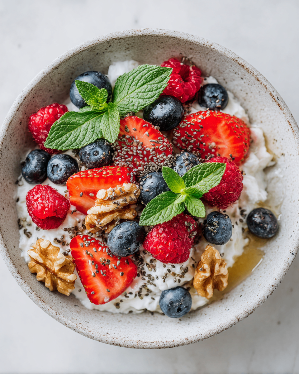 Nutritious Cottage Cheese Bowl with Berries A nutritious Cottage Cheese Bowl layered with fresh berries, nuts, and honey, highlighting vibrant colors for a healthy breakfast.