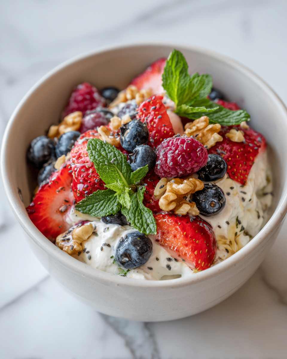 Nutritious Cottage Cheese Bowl with Berries A nutritious Cottage Cheese Bowl layered with fresh berries, nuts, and honey, highlighting vibrant colors for a healthy breakfast.