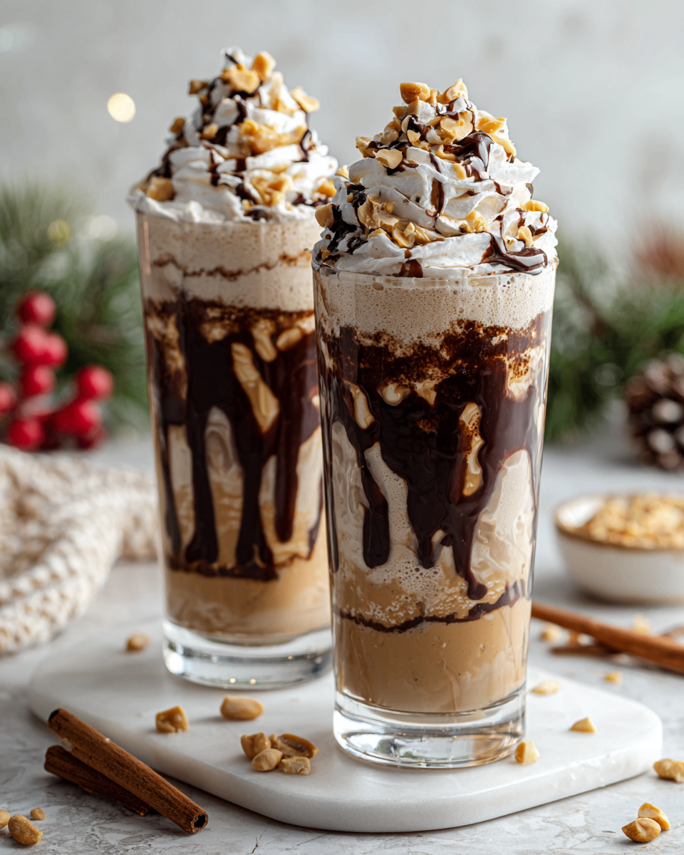 Delicious Reese's Peanut Butter Frappuccino with ice, whipped cream, and chocolate syrup, an easy homemade drink perfect for cozy seasons.