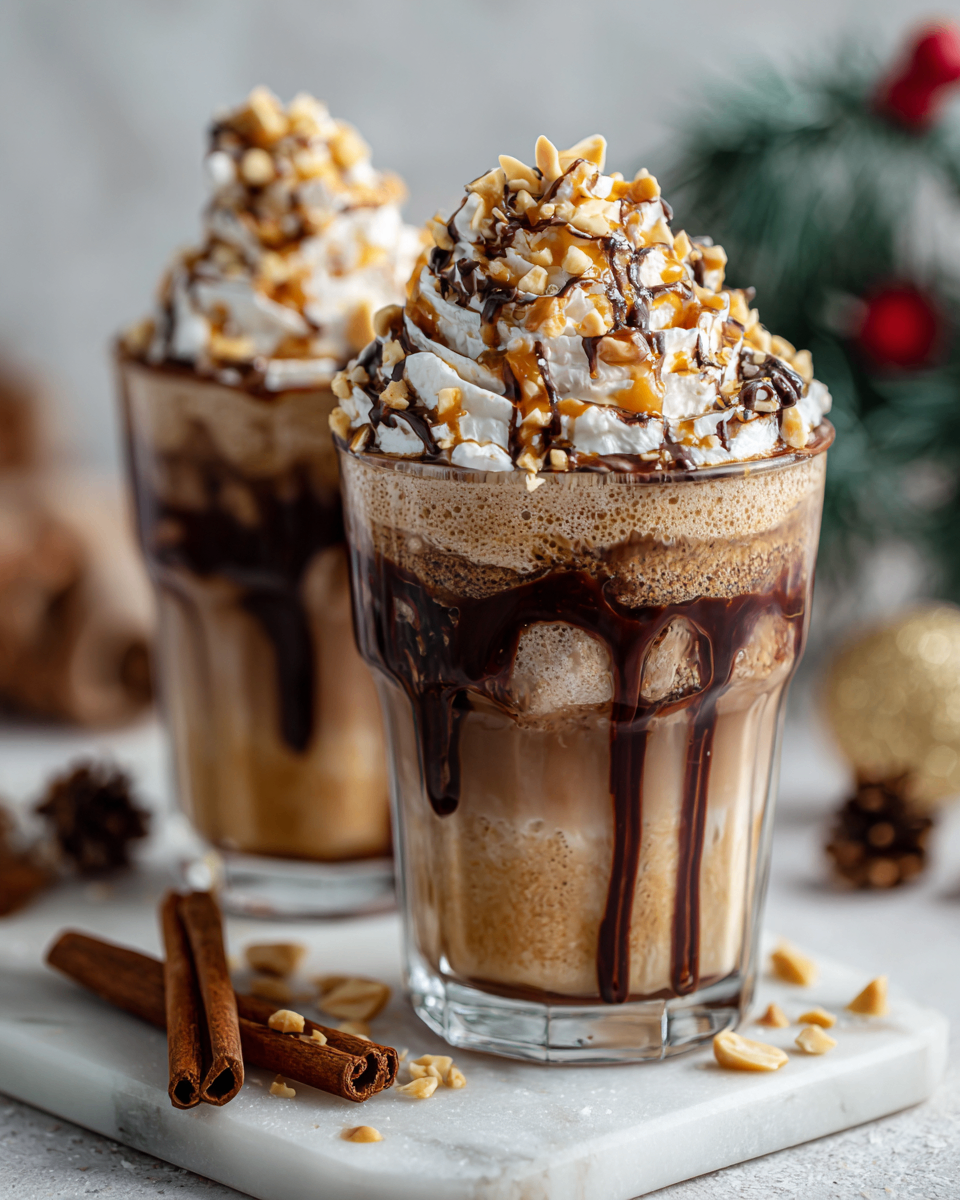 Delicious Reese's Peanut Butter Frappuccino with ice, whipped cream, and chocolate syrup, an easy homemade drink perfect for cozy seasons.